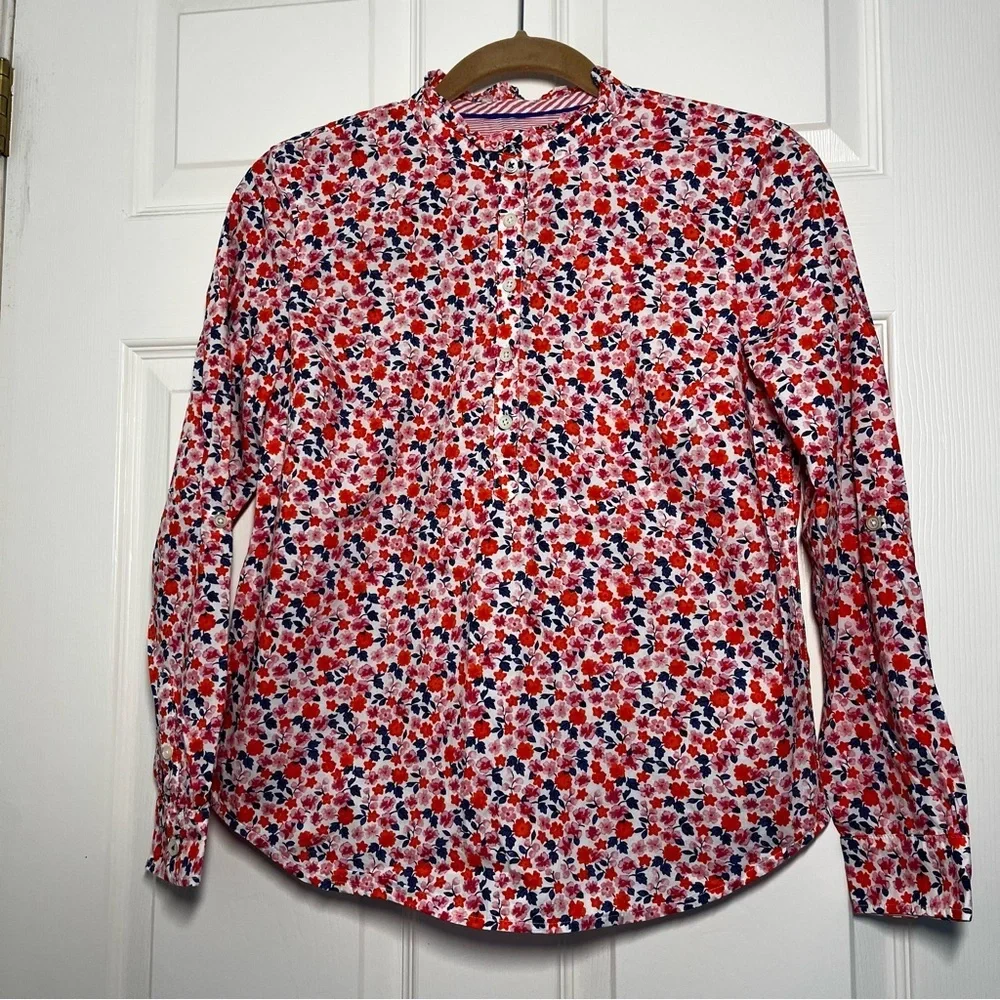 Talbots Red Pink Floral Ruffle Neck Popover Size Small Petite